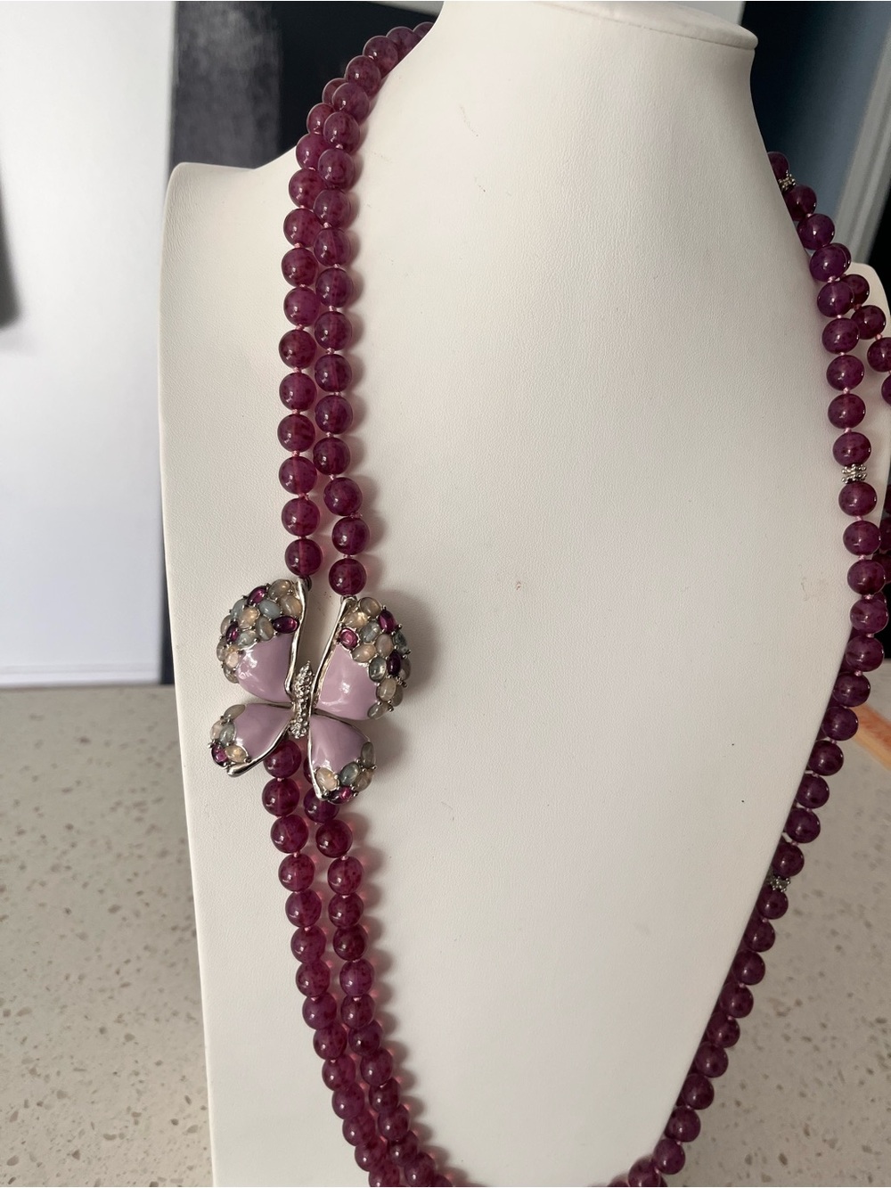 Hallmark Purple Double-Strand Beaded Necklace with Floral Rhinestone butterfly